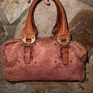 Etro Coral and Tan Embroidered Satchel